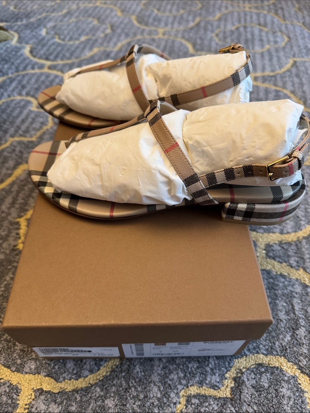 Burberry Beige Plaid T-Strap Sandals - Picture 6 of 9